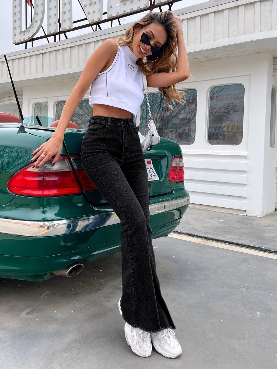 EMERY ROSE Slim Fit Flare Leg Casual Versatile Button Pocket Women Jeans