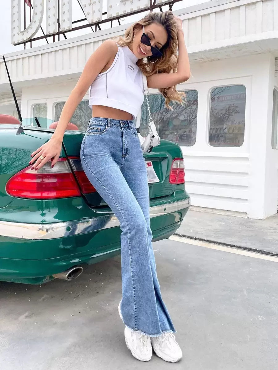 EMERY ROSE Slim Fit Flare Leg Casual Versatile Button Pocket Women Jeans