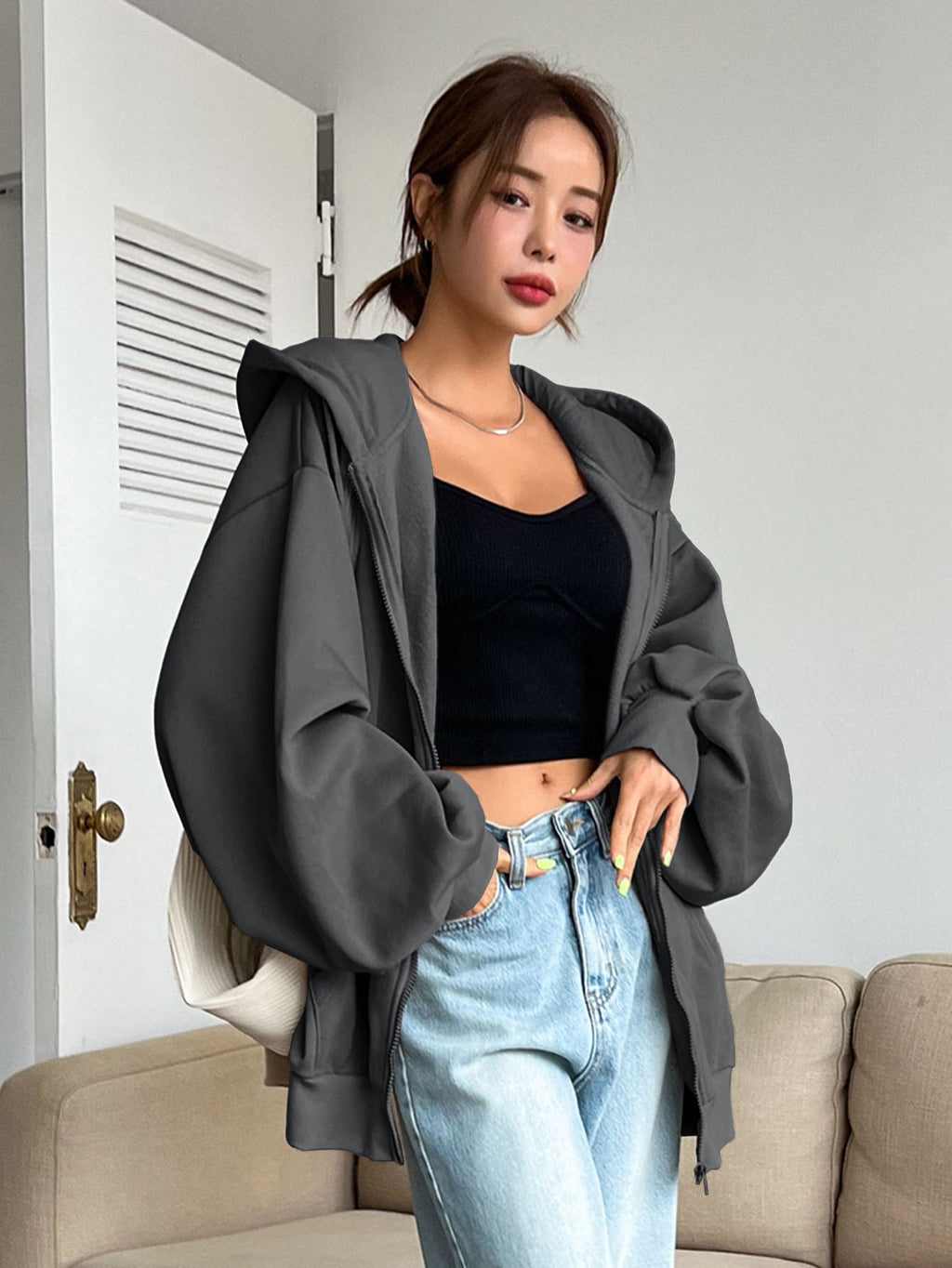 DAZY Women's Zipper Front Hoodie With Drawstring Closure,Long Sleeve Tops,Fall Clothes Sweatshirt Jacket