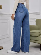 SHEIN ICON High Waist Ripped Wide Leg Jeans,Ladies Casual Button,Pocket,Ripped,Zipper High Waist Wide Leg Extra Long Medium Wash Cotton Loose Women Jeans,Spring/Fall,Casual Daily Wear