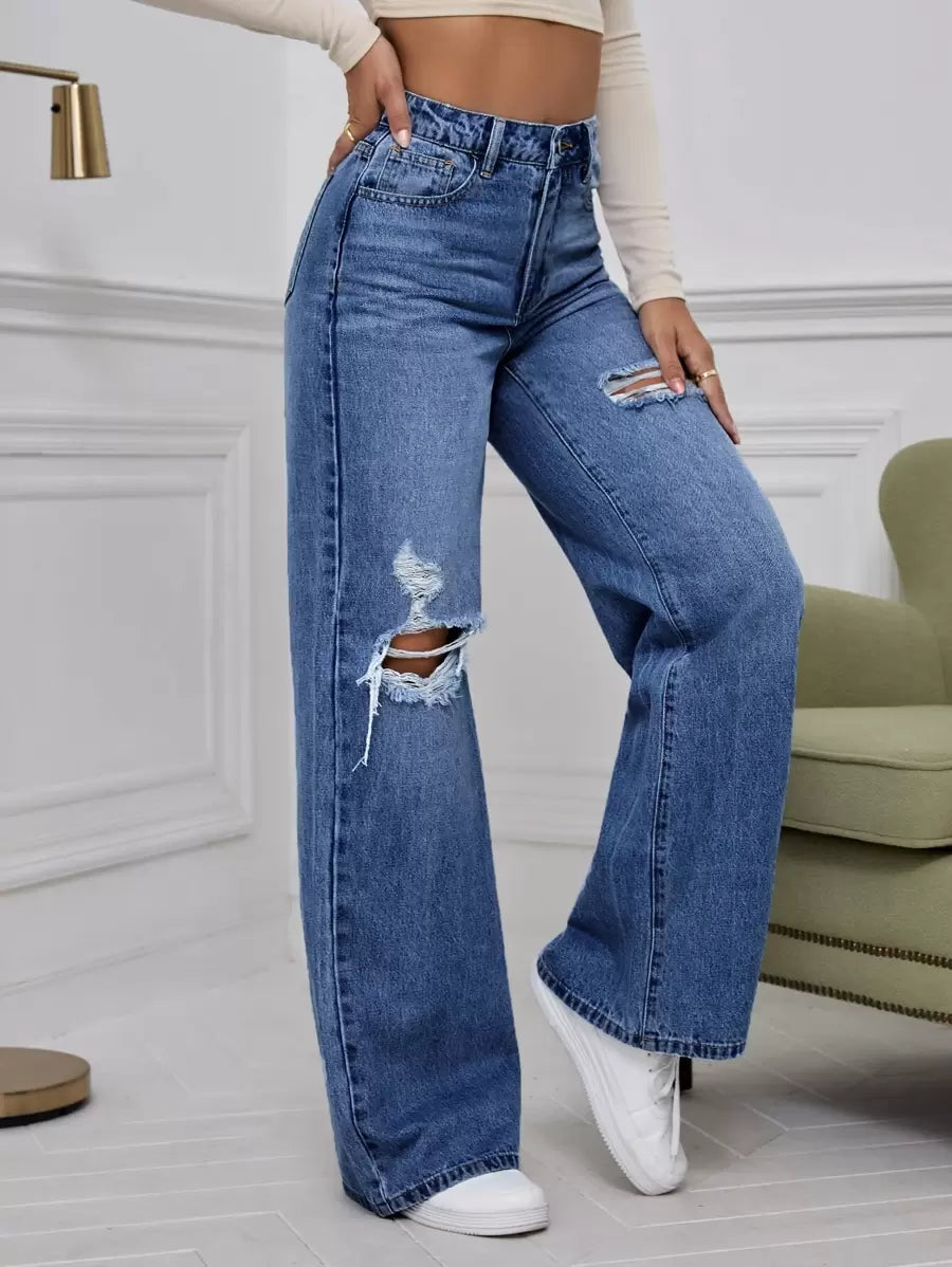 SHEIN ICON High Waist Ripped Wide Leg Jeans,Ladies Casual Button,Pocket,Ripped,Zipper High Waist Wide Leg Extra Long Medium Wash Cotton Loose Women Jeans,Spring/Fall,Casual Daily Wear