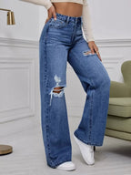 SHEIN ICON High Waist Ripped Wide Leg Jeans,Ladies Casual Button,Pocket,Ripped,Zipper High Waist Wide Leg Extra Long Medium Wash Cotton Loose Women Jeans,Spring/Fall,Casual Daily Wear