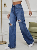 SHEIN ICON High Waist Ripped Wide Leg Jeans,Ladies Casual Button,Pocket,Ripped,Zipper High Waist Wide Leg Extra Long Medium Wash Cotton Loose Women Jeans,Spring/Fall,Casual Daily Wear