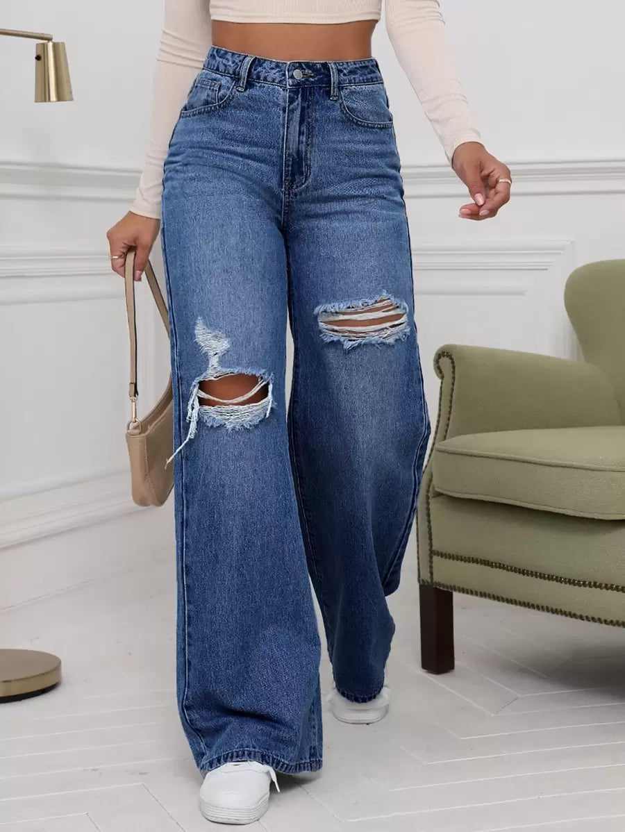 SHEIN ICON High Waist Ripped Wide Leg Jeans,Ladies Casual Button,Pocket,Ripped,Zipper High Waist Wide Leg Extra Long Medium Wash Cotton Loose Women Jeans,Spring/Fall,Casual Daily Wear