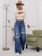 SHEIN ICON High Waist Ripped Wide Leg Jeans,Ladies Casual Button,Pocket,Ripped,Zipper High Waist Wide Leg Extra Long Medium Wash Cotton Loose Women Jeans,Spring/Fall,Casual Daily Wear