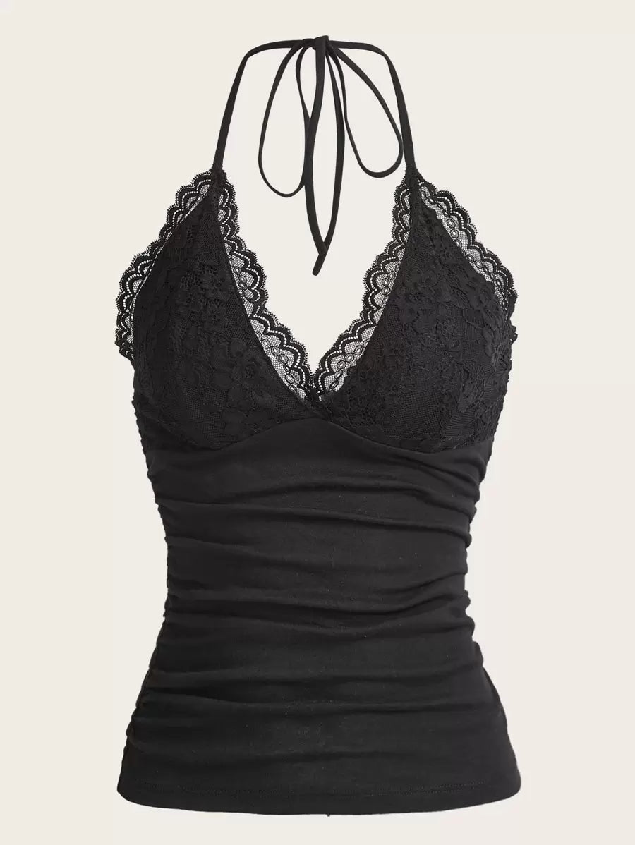 ROMWE PUNK Contrast Lace Ruched Halter Top