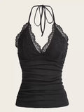 ROMWE PUNK Contrast Lace Ruched Halter Top