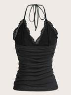 ROMWE PUNK Contrast Lace Ruched Halter Top