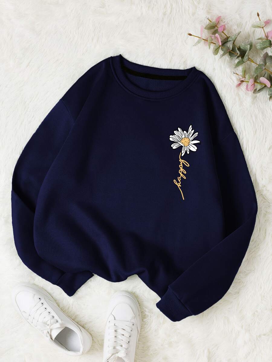 INAWLY Letter & Floral Print Thermal Pullover,Long Sleeve Tops Graduation,Back To School Outfits,Graduation,Teacher Outfits For Women,Back To School  Fall Outfit
