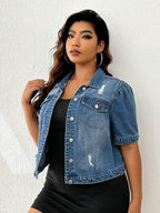 Firerie Plus Ripped Flap Pocket Denim Jacket, Fall Women Clothes