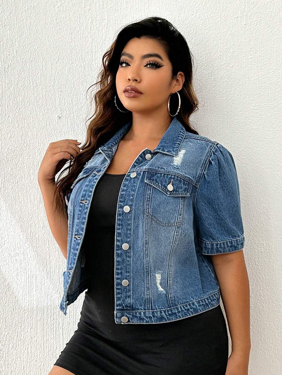 Firerie Plus Ripped Flap Pocket Denim Jacket, Fall Women Clothes