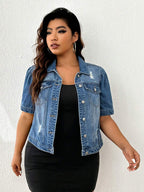 Firerie Plus Ripped Flap Pocket Denim Jacket, Fall Women Clothes