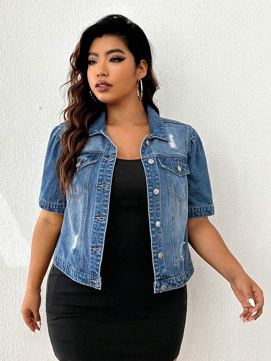 Firerie Plus Ripped Flap Pocket Denim Jacket, Fall Women Clothes