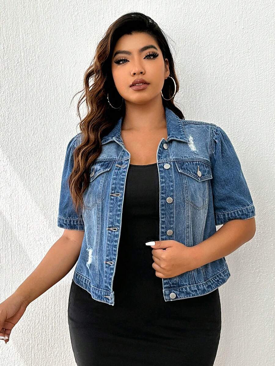Firerie Plus Ripped Flap Pocket Denim Jacket, Fall Women Clothes
