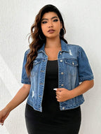 Firerie Plus Ripped Flap Pocket Denim Jacket, Fall Women Clothes