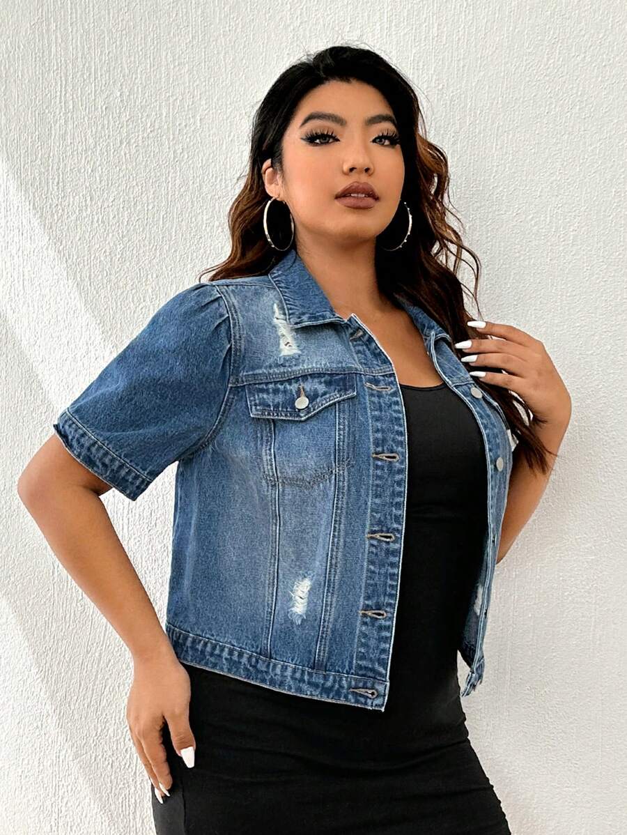Firerie Plus Ripped Flap Pocket Denim Jacket, Fall Women Clothes