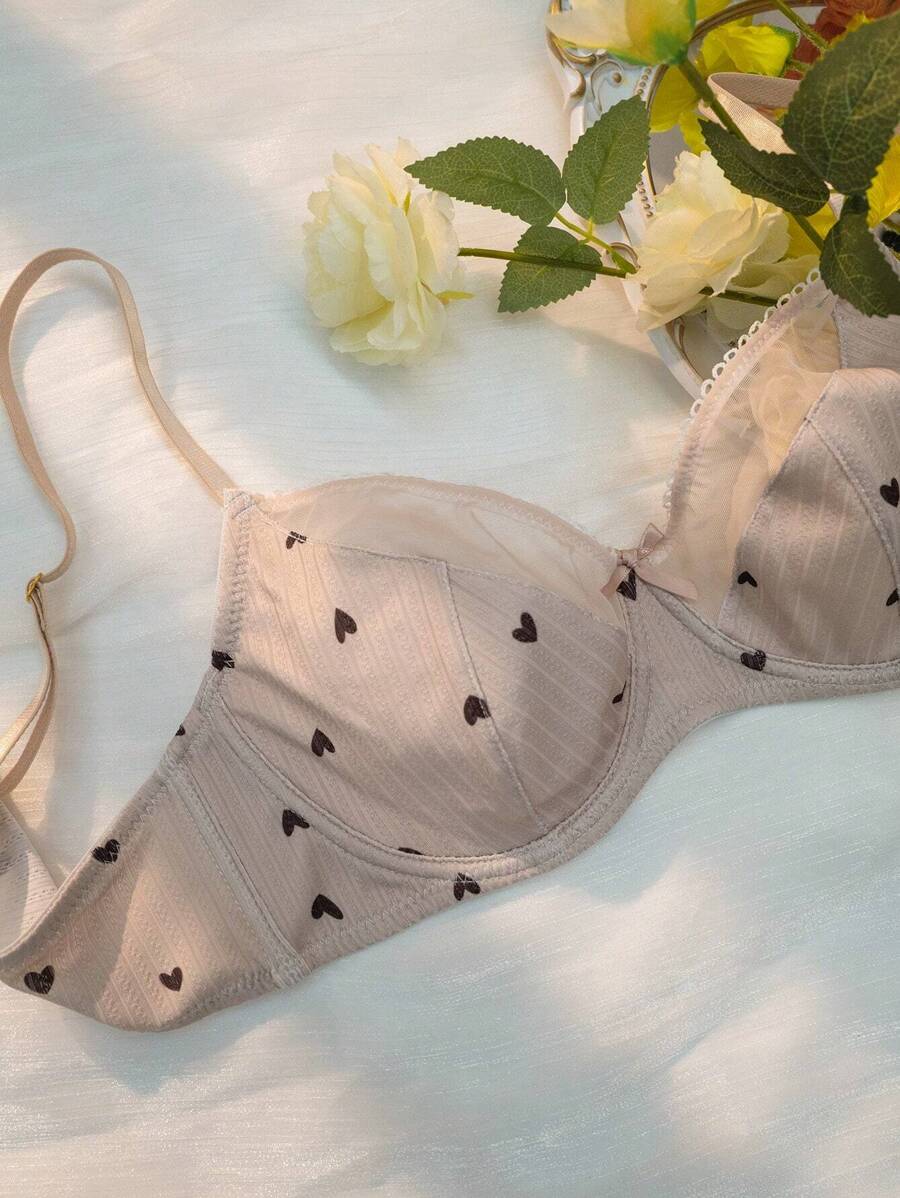 PetitDoll Women Heart-Shaped Print Color Block Bra, Kawaii