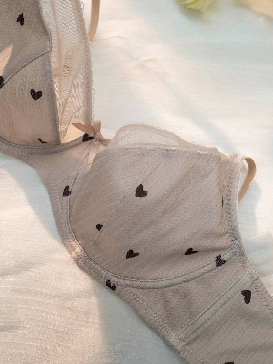 PetitDoll Women Heart-Shaped Print Color Block Bra, Kawaii