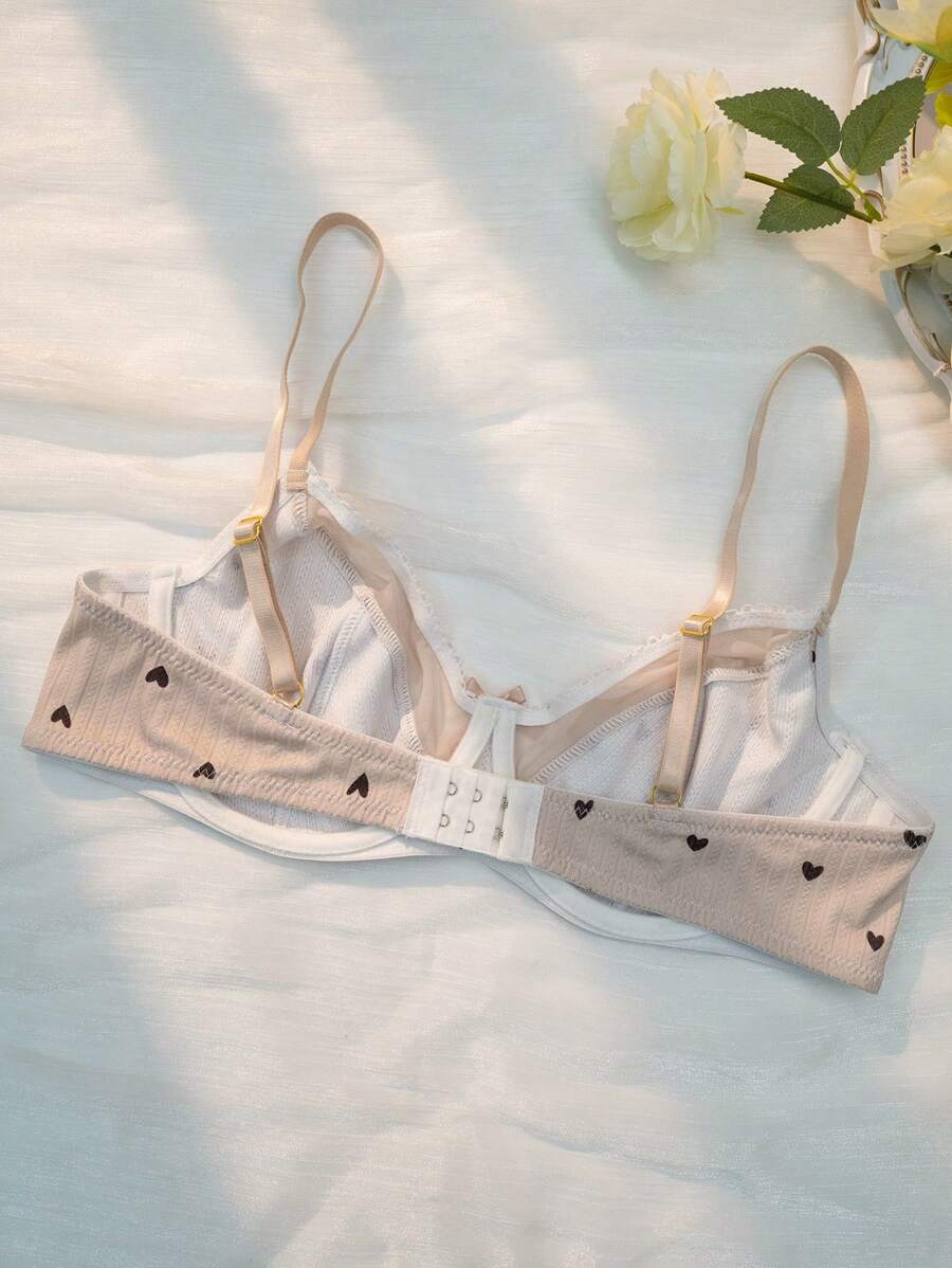 PetitDoll Women Heart-Shaped Print Color Block Bra, Kawaii