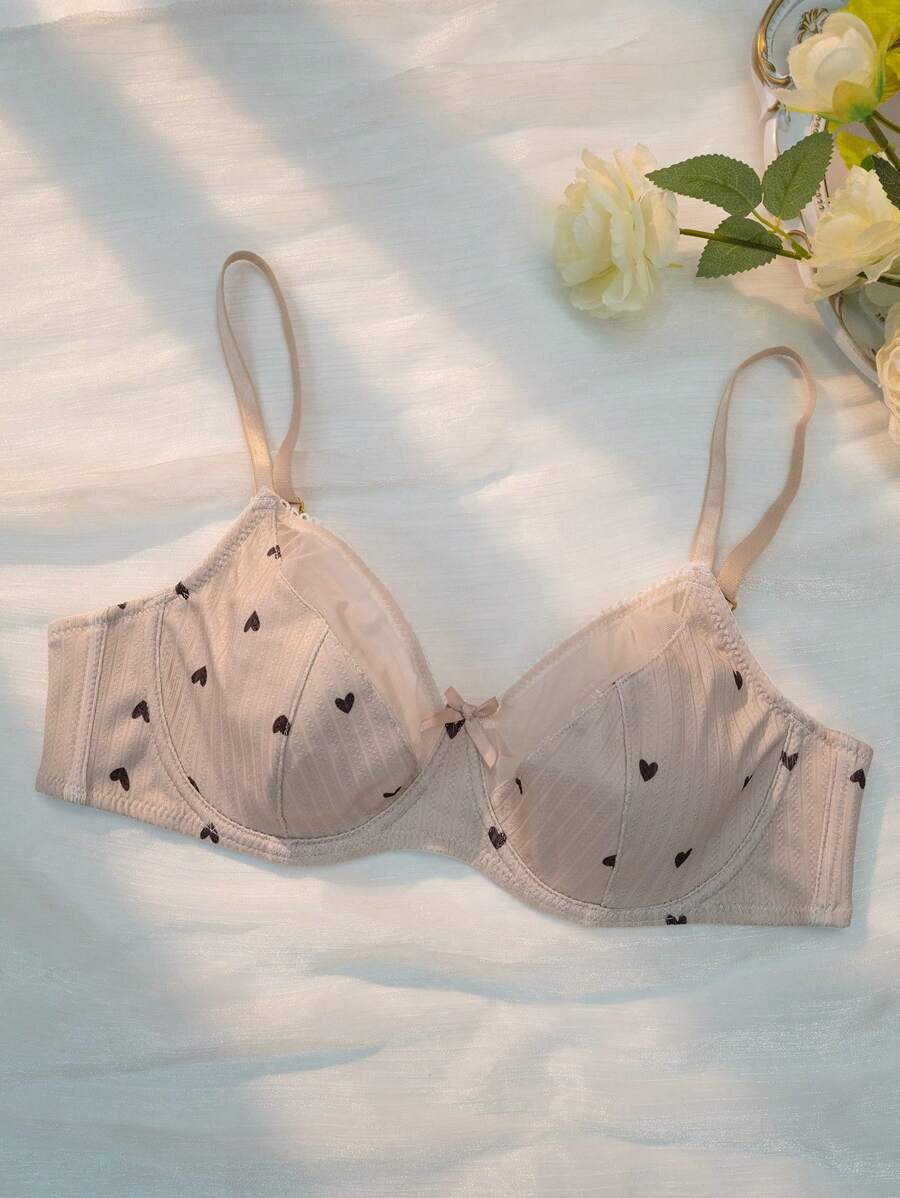 PetitDoll Women Heart-Shaped Print Color Block Bra, Kawaii
