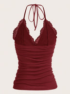 ROMWE PUNK Contrast Lace Ruched Halter Top
