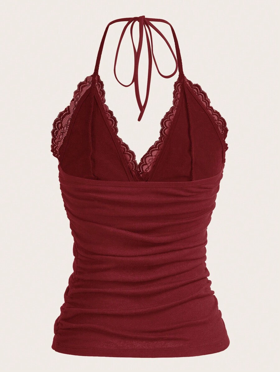 ROMWE PUNK Contrast Lace Ruched Halter Top
