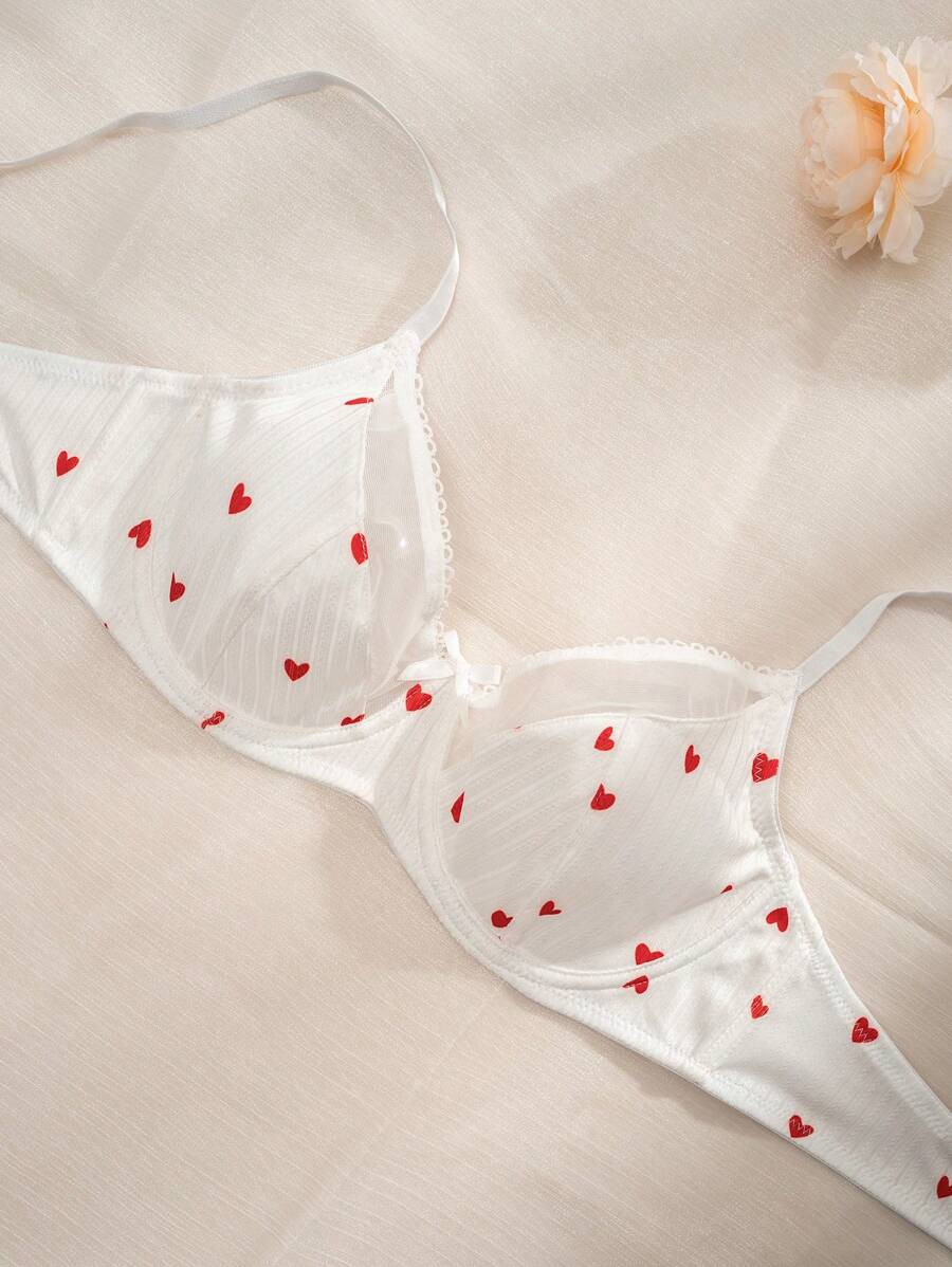 PetitDoll Women Heart-Shaped Print Color Block Bra, Kawaii
