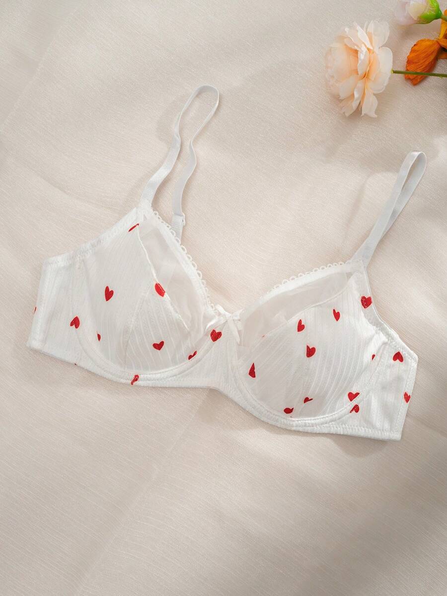 PetitDoll Women Heart-Shaped Print Color Block Bra, Kawaii