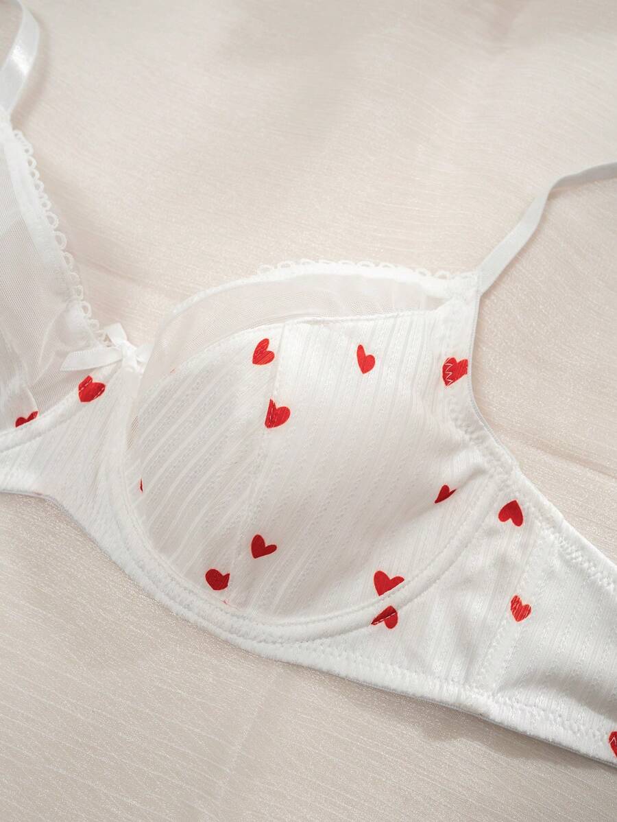 PetitDoll Women Heart-Shaped Print Color Block Bra, Kawaii