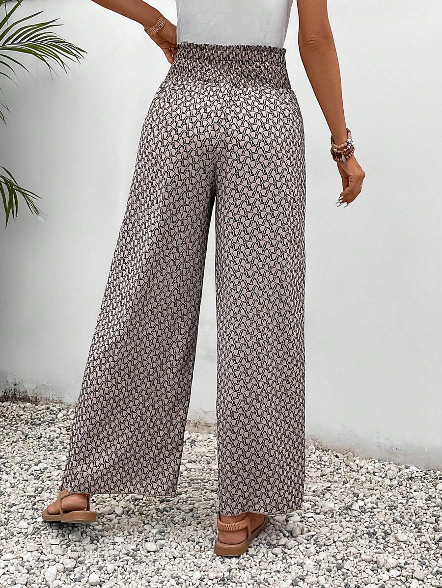 SHEIN Frenchy Allover Print Knot Waist Tulip Hem Wide Leg Baggy Cross Over Pants Winter Chic Brown Casual Spring