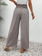 SHEIN Frenchy Allover Print Knot Waist Tulip Hem Wide Leg Baggy Cross Over Pants Winter Chic Brown Casual Spring