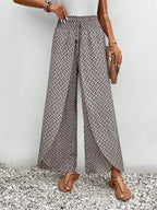SHEIN Frenchy Allover Print Knot Waist Tulip Hem Wide Leg Baggy Cross Over Pants Winter Chic Brown Casual Spring