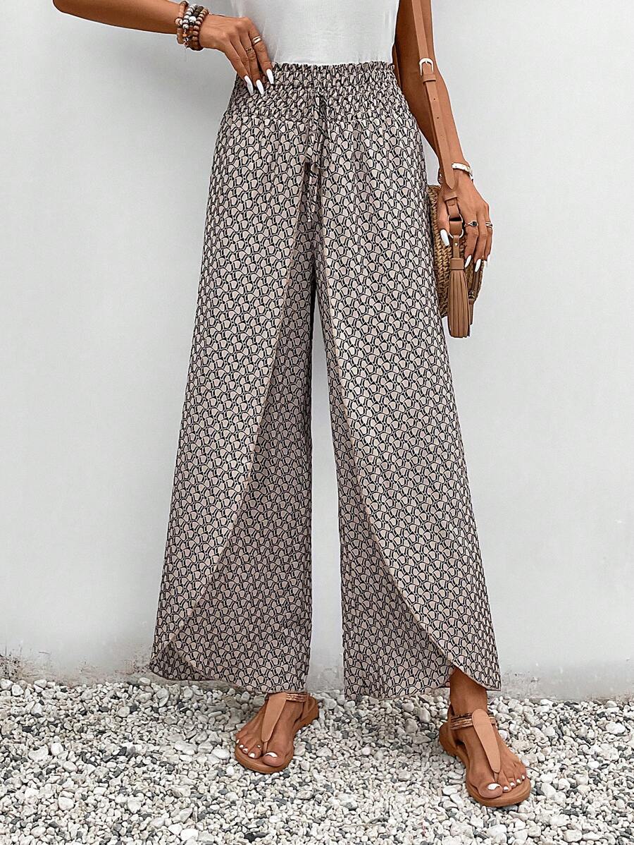 SHEIN Frenchy Allover Print Knot Waist Tulip Hem Wide Leg Baggy Cross Over Pants Winter Chic Brown Casual Spring