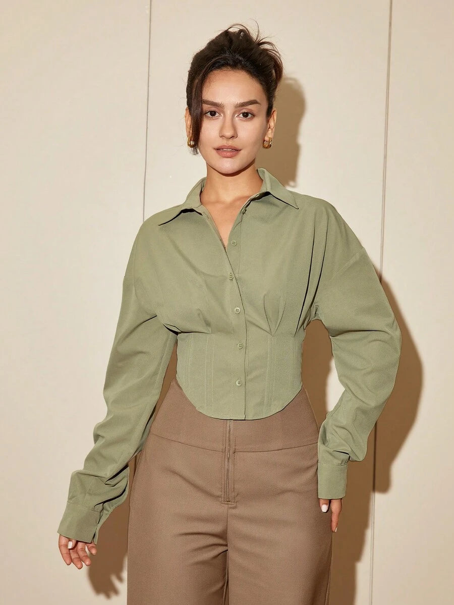 Women Solid Color Long Sleeve Fitted Elegant Blouse, Casual Cardigan Shirt Top, Spring/Autumn Daily Wear