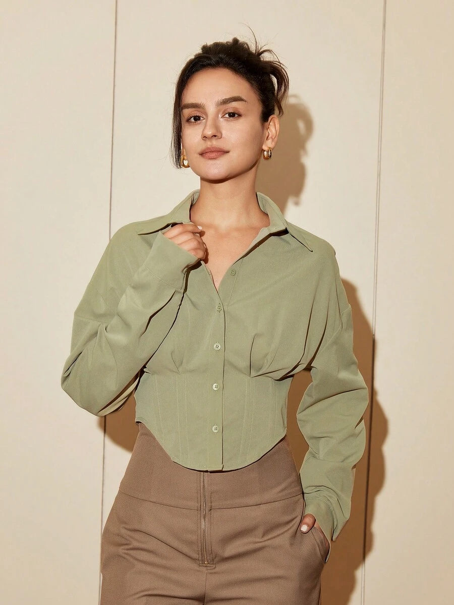 Women Solid Color Long Sleeve Fitted Elegant Blouse, Casual Cardigan Shirt Top, Spring/Autumn Daily Wear