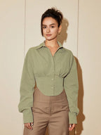 Women Solid Color Long Sleeve Fitted Elegant Blouse, Casual Cardigan Shirt Top, Spring/Autumn Daily Wear
