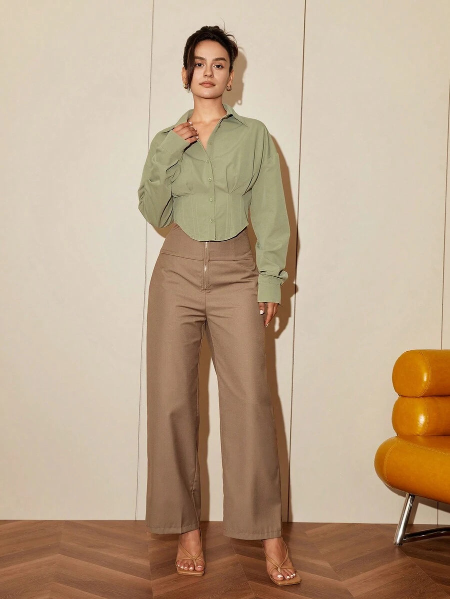 Women Solid Color Long Sleeve Fitted Elegant Blouse, Casual Cardigan Shirt Top, Spring/Autumn Daily Wear