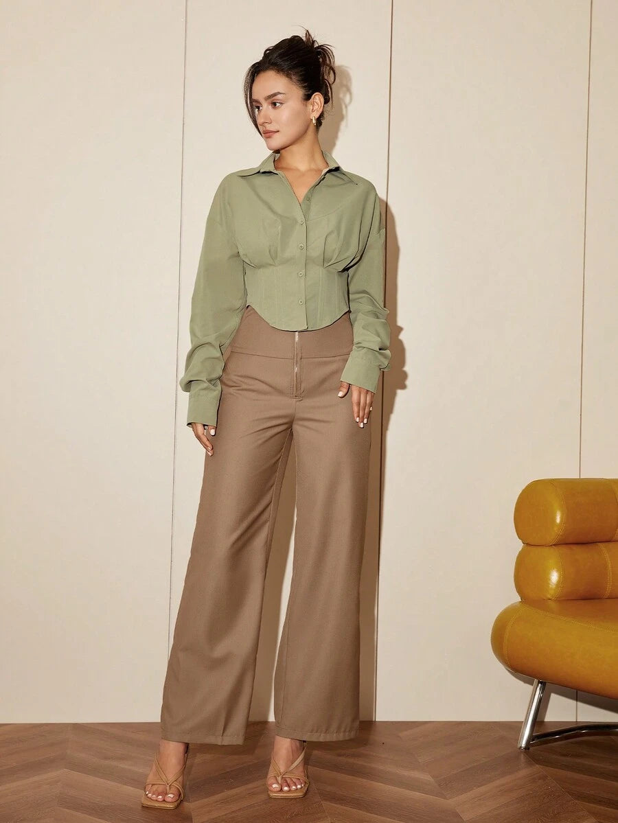 Women Solid Color Long Sleeve Fitted Elegant Blouse, Casual Cardigan Shirt Top, Spring/Autumn Daily Wear