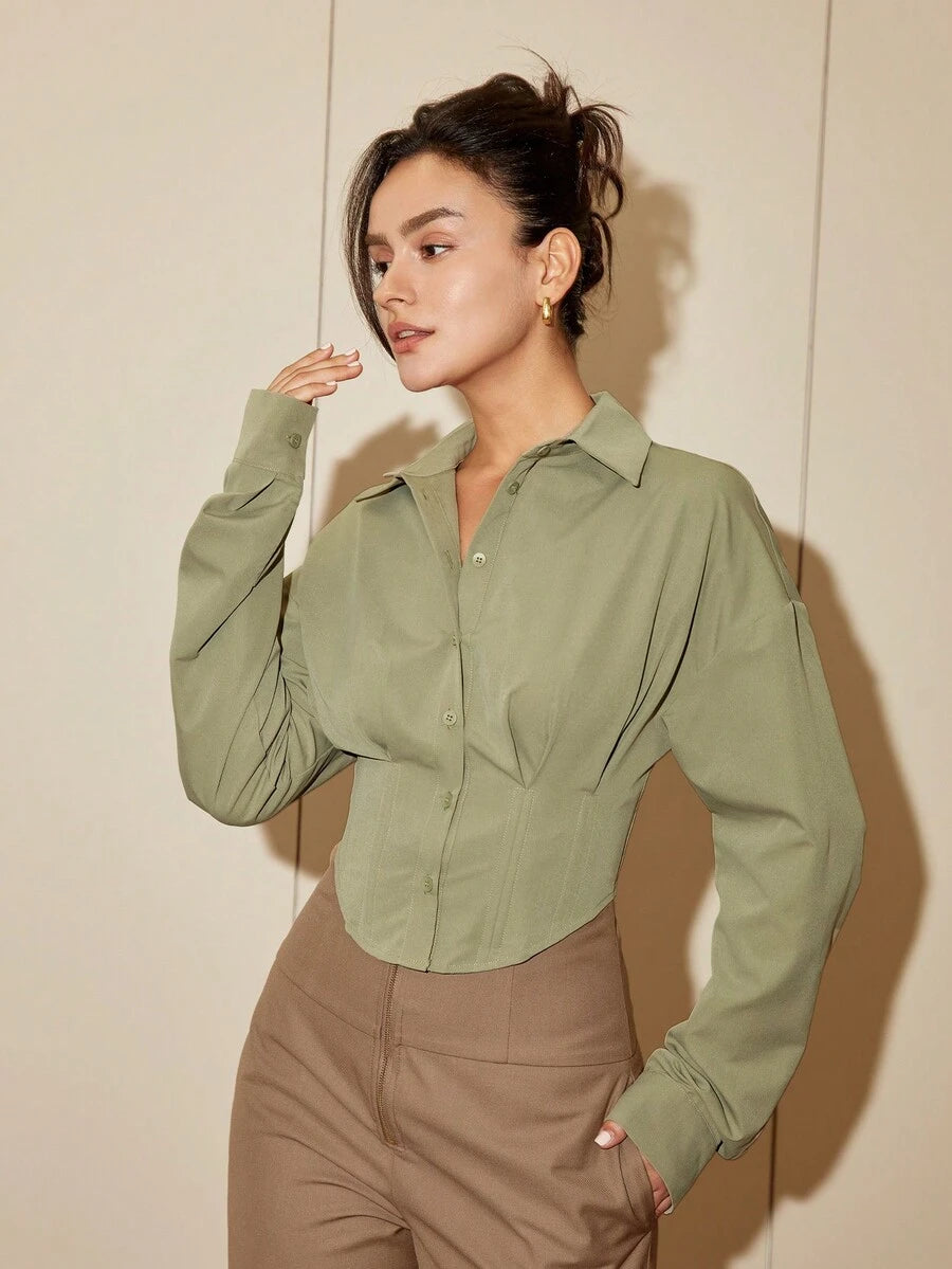 Women Solid Color Long Sleeve Fitted Elegant Blouse, Casual Cardigan Shirt Top, Spring/Autumn Daily Wear