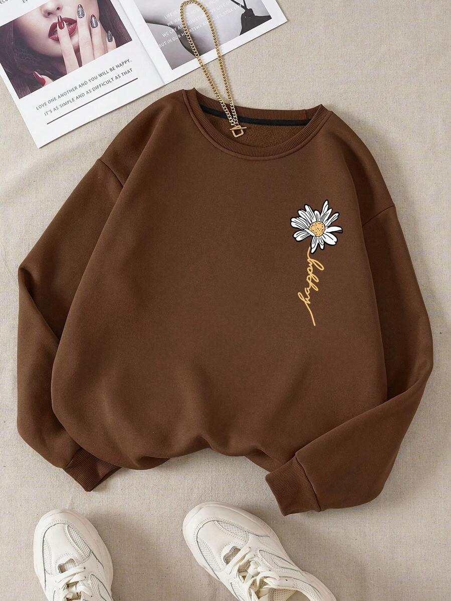 INAWLY Letter & Floral Print Thermal Pullover,Long Sleeve Tops Graduation,Back To School Outfits,Graduation,Teacher Outfits For Women,Back To School  Fall Outfit