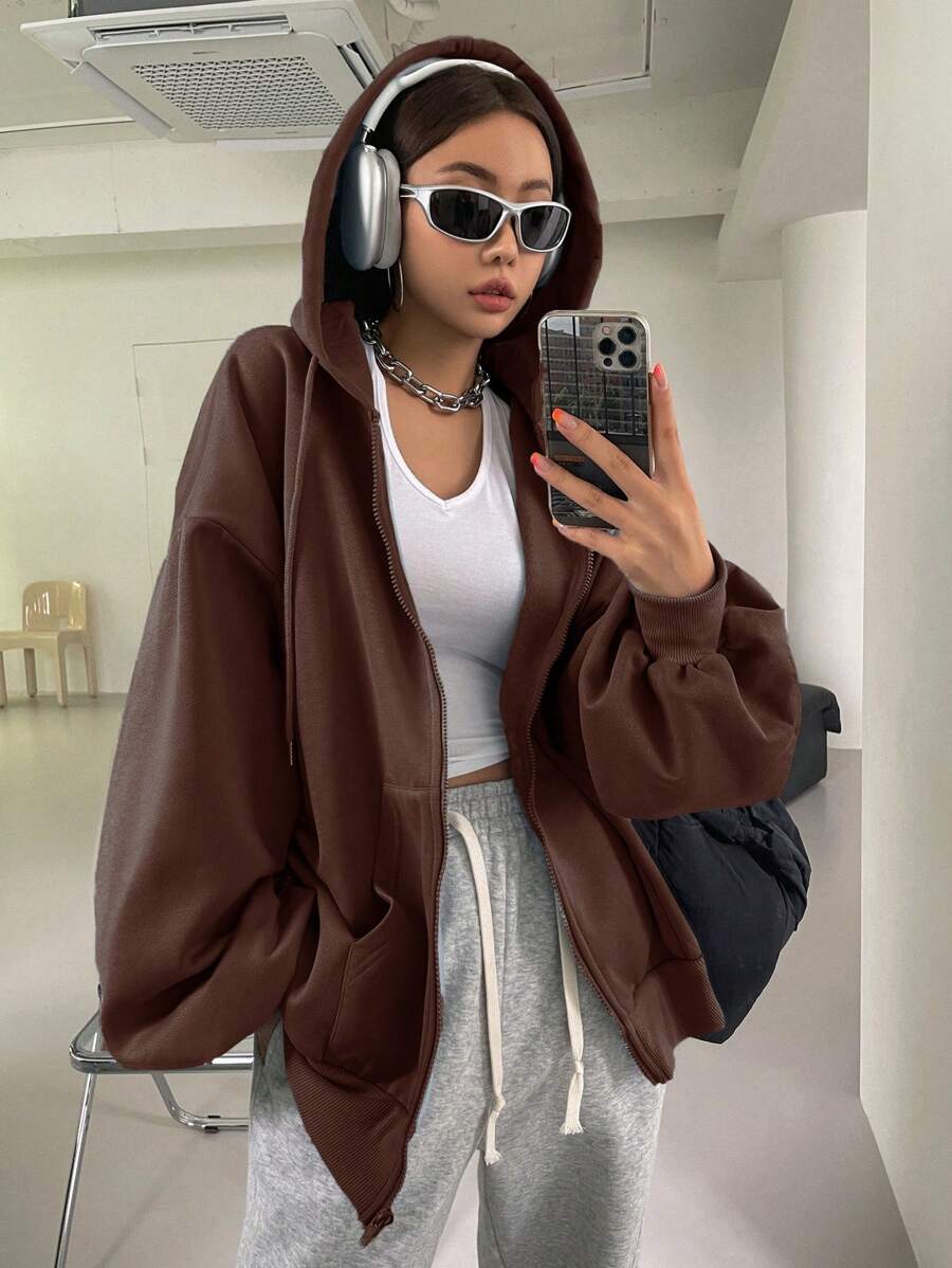 DAZY Women's Zipper Front Hoodie With Drawstring Closure,Long Sleeve Tops,Fall Clothes Sweatshirt Jacket