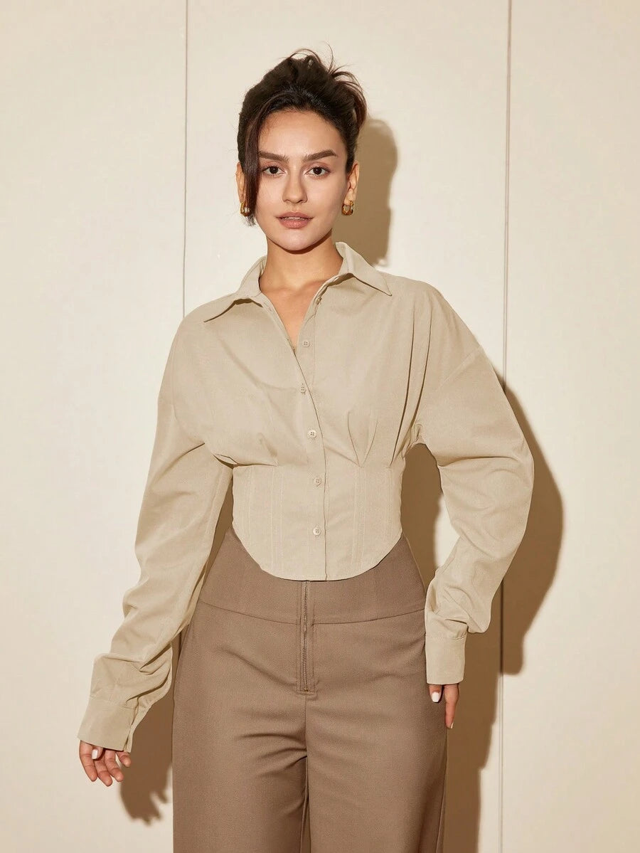 Women Solid Color Long Sleeve Fitted Elegant Blouse, Casual Cardigan Shirt Top, Spring/Autumn Daily Wear