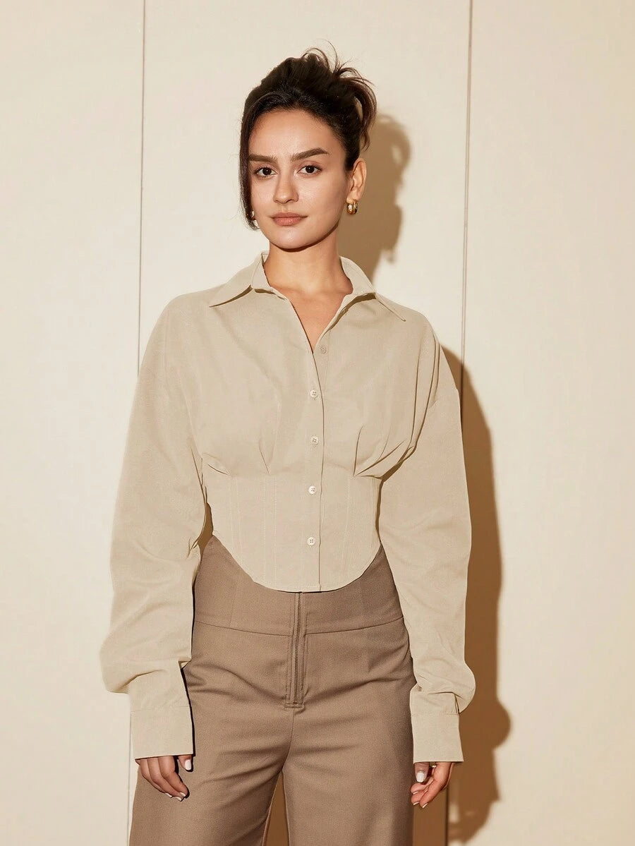 Women Solid Color Long Sleeve Fitted Elegant Blouse, Casual Cardigan Shirt Top, Spring/Autumn Daily Wear