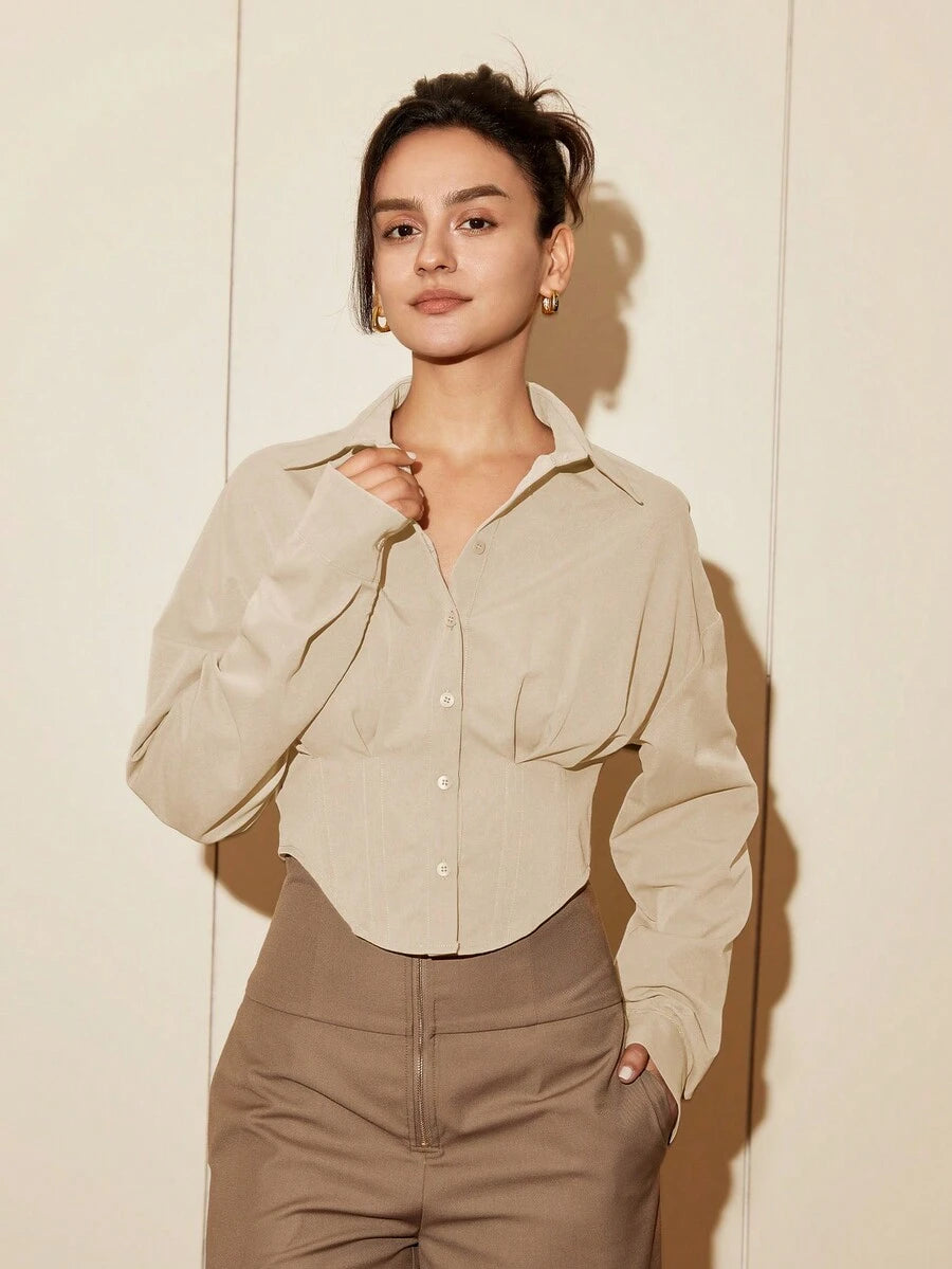 Women Solid Color Long Sleeve Fitted Elegant Blouse, Casual Cardigan Shirt Top, Spring/Autumn Daily Wear