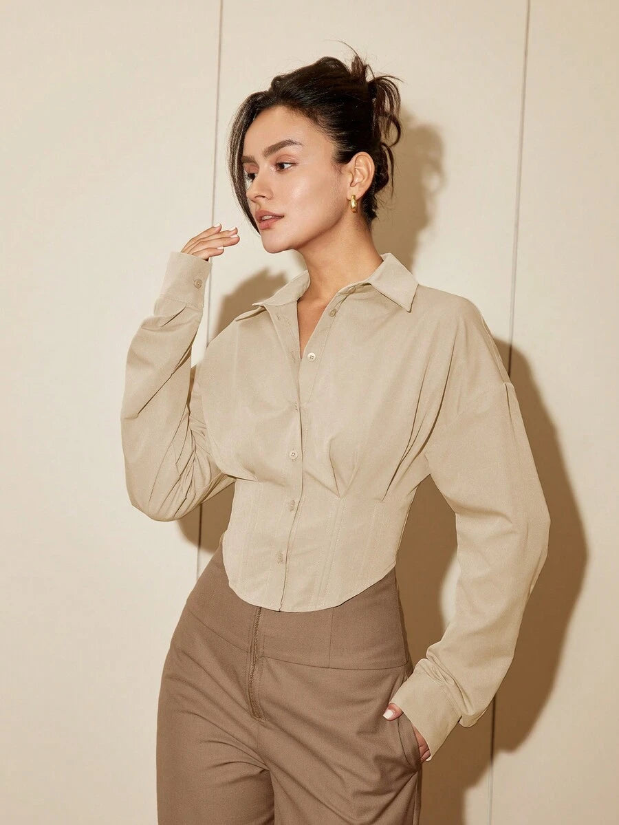 Women Solid Color Long Sleeve Fitted Elegant Blouse, Casual Cardigan Shirt Top, Spring/Autumn Daily Wear