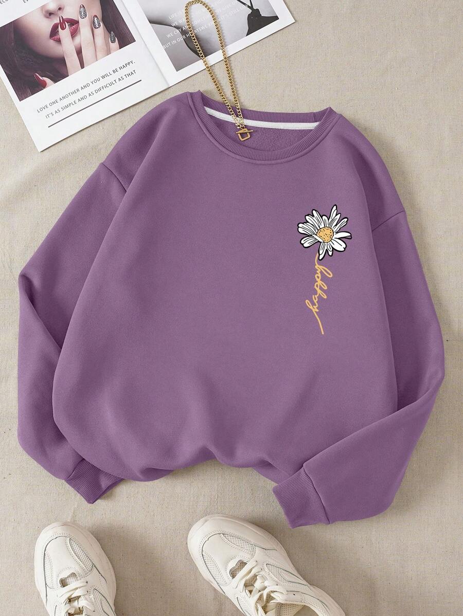 INAWLY Letter & Floral Print Thermal Pullover,Long Sleeve Tops Graduation,Back To School Outfits,Graduation,Teacher Outfits For Women,Back To School  Fall Outfit
