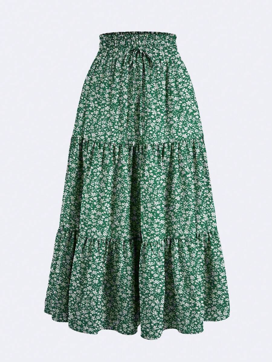 Women's Ditsy Floral Layered Ruffle Elastic Waist Vacation Skirt