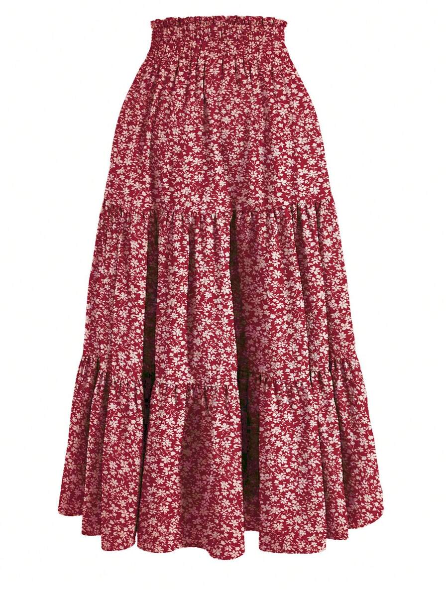 Women's Ditsy Floral Layered Ruffle Elastic Waist Vacation Skirt