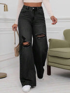 SHEIN ICON High Waist Ripped Wide Leg Jeans,Ladies Casual Button,Pocket,Ripped,Zipper High Waist Wide Leg Extra Long Medium Wash Cotton Loose Women Jeans,Spring/Fall,Casual Daily Wear