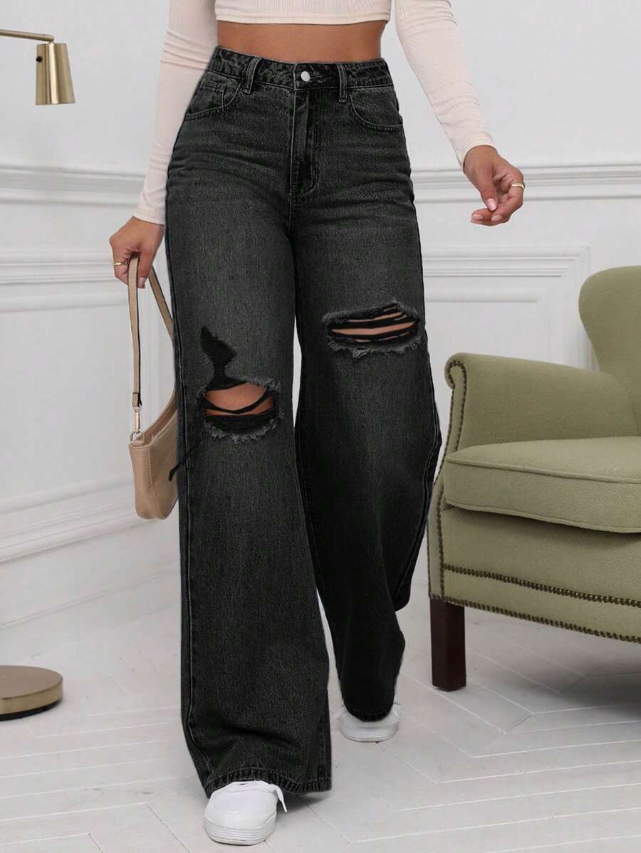SHEIN ICON High Waist Ripped Wide Leg Jeans,Ladies Casual Button,Pocket,Ripped,Zipper High Waist Wide Leg Extra Long Medium Wash Cotton Loose Women Jeans,Spring/Fall,Casual Daily Wear